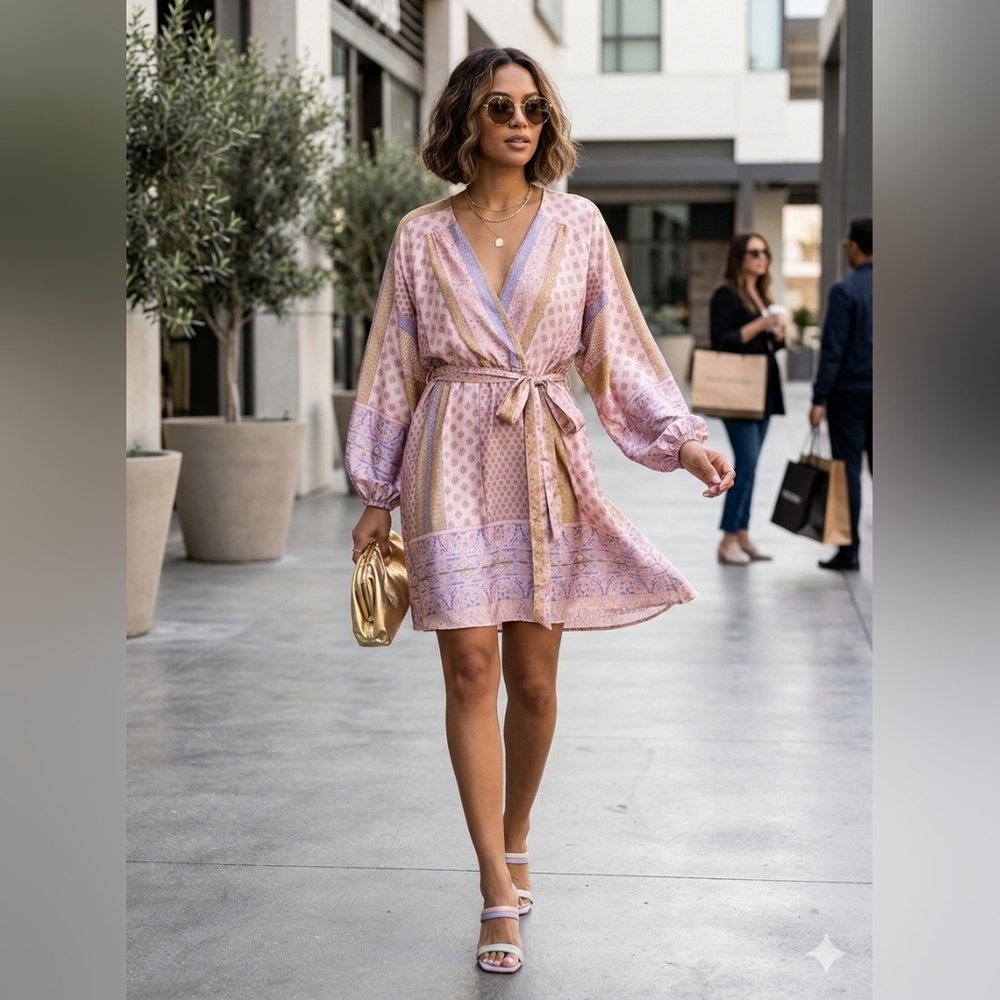 ARULA Pink and Purple Patterned Midi Dress